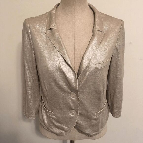 IISLI Metallic Beige 100% Linen Cropped Jacket Size 10 - Picture 1 of 9